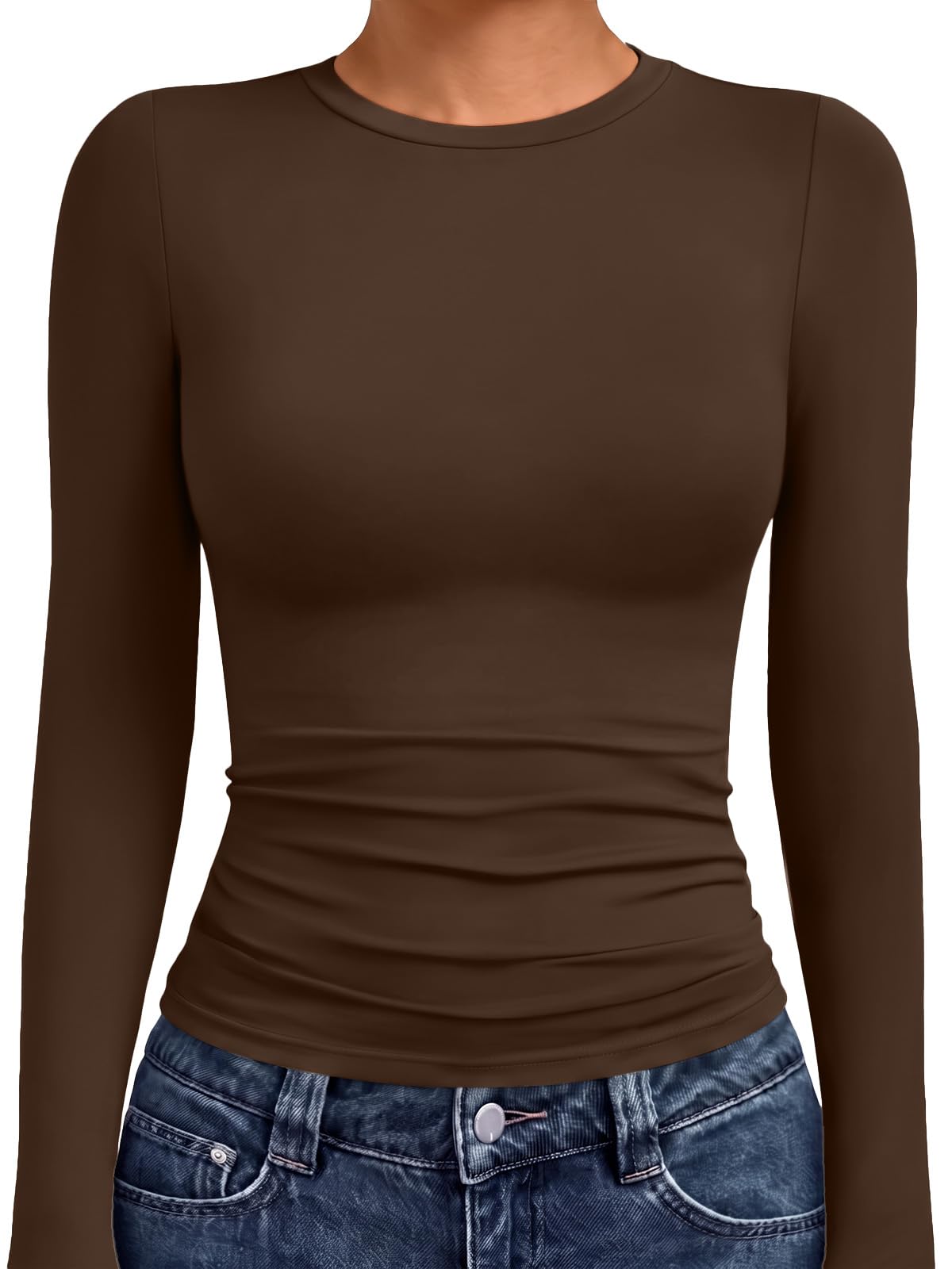 Back view of a women's crew neck long sleeve compression top with smooth seams