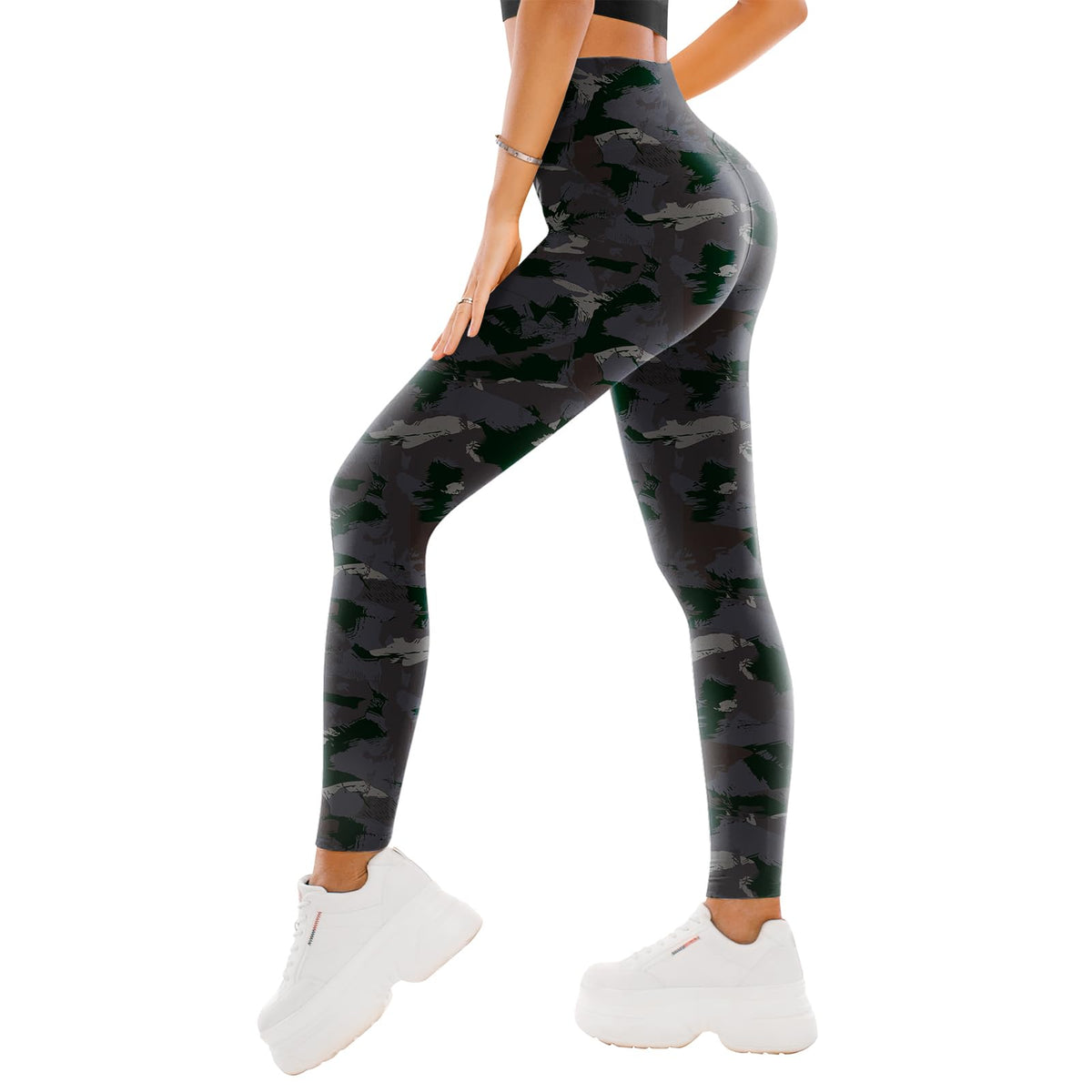 Front-facing detail of the tummy-control waistband on full-length women's leggings
