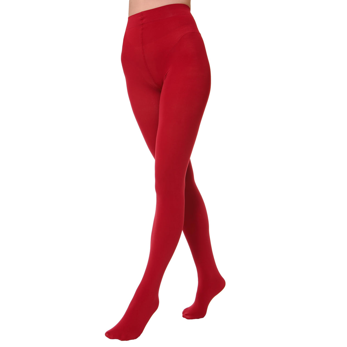Black 80 den opaque tights worn standing, full leg view