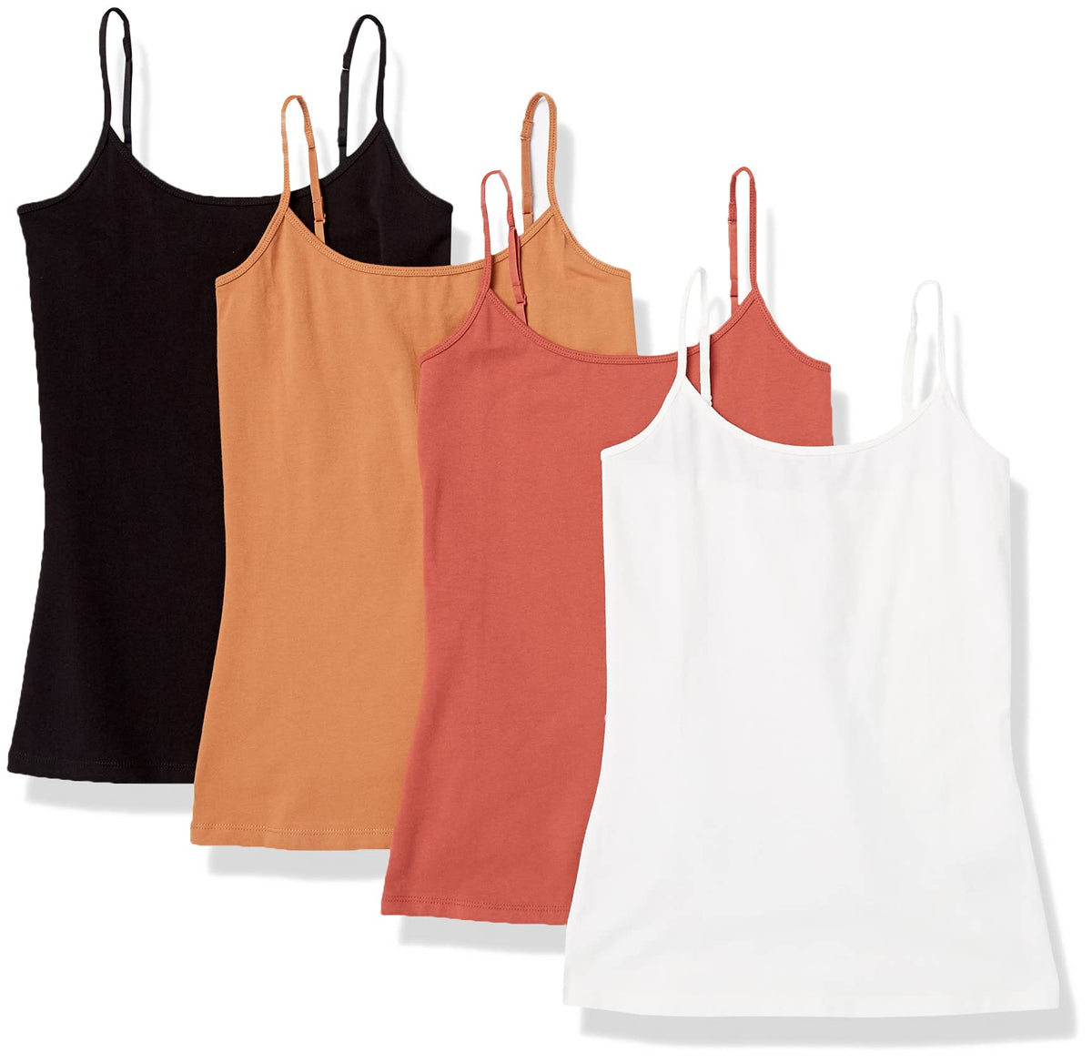 Pack of four women's camisoles displayed on hangers in a row