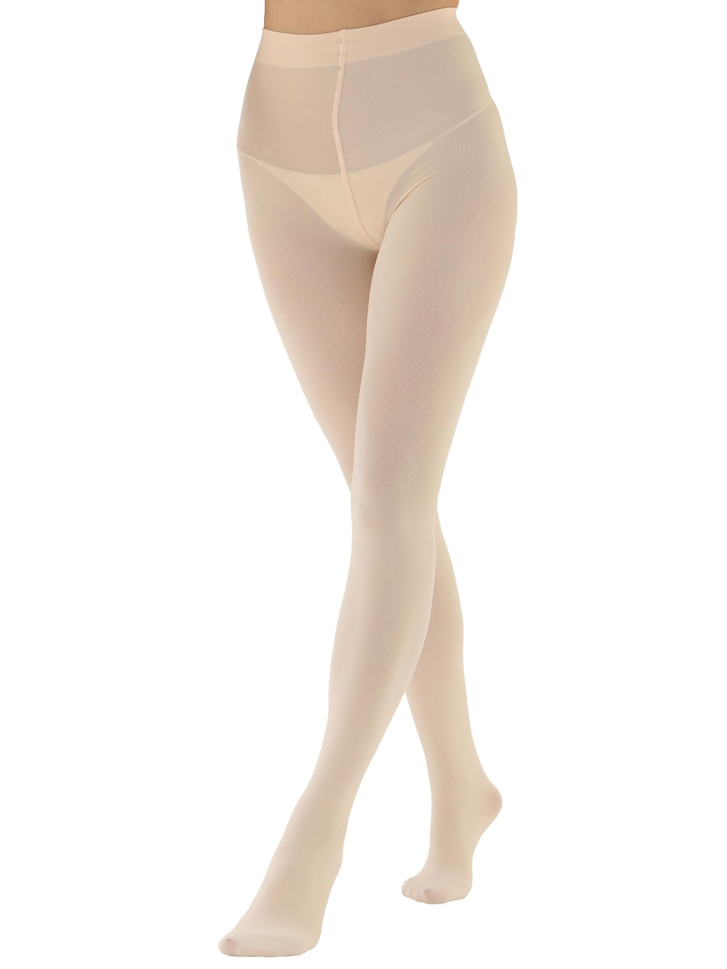Opaque black tights worn with a short skirt, full-length styling shot