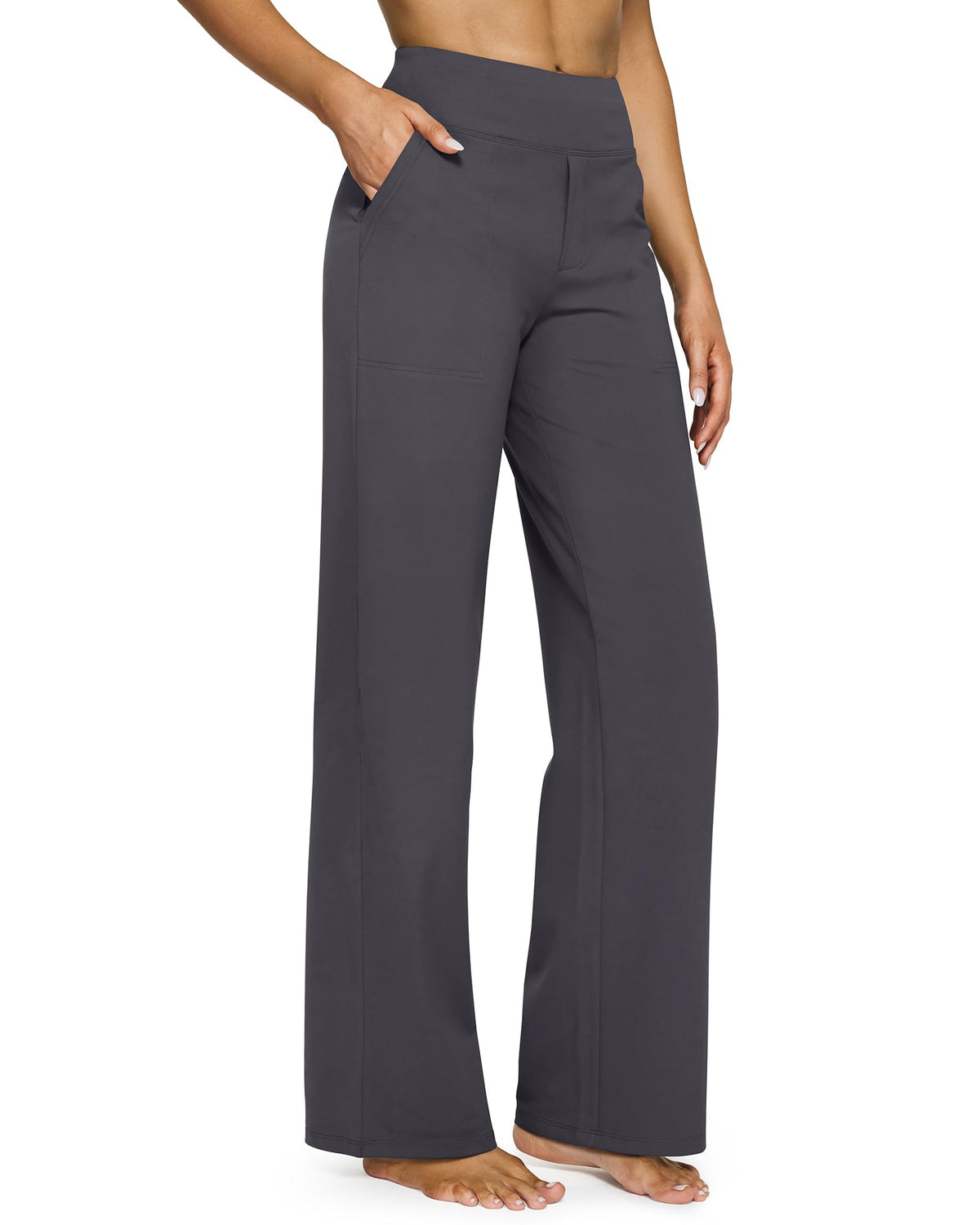 Back view of women's wide leg yoga pants with pockets and high-rise waist