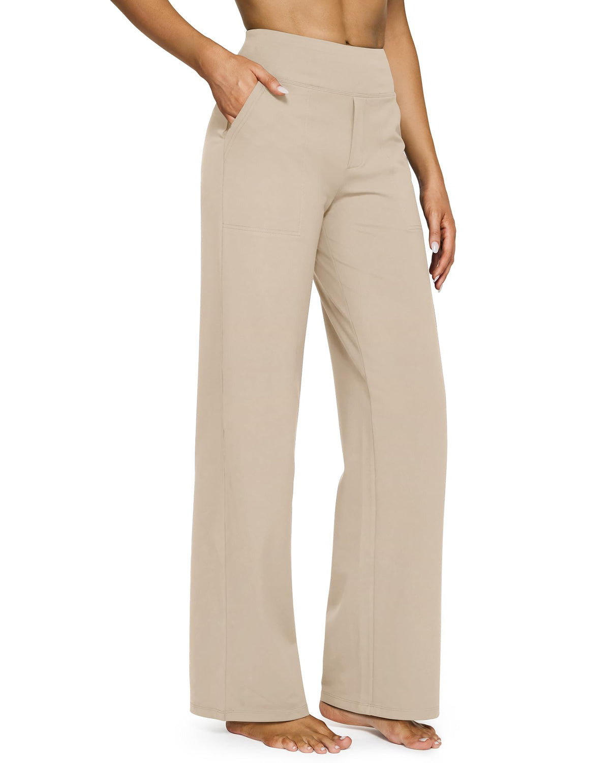 Close-up of the waistband seam on women's high waisted wide leg yoga pants