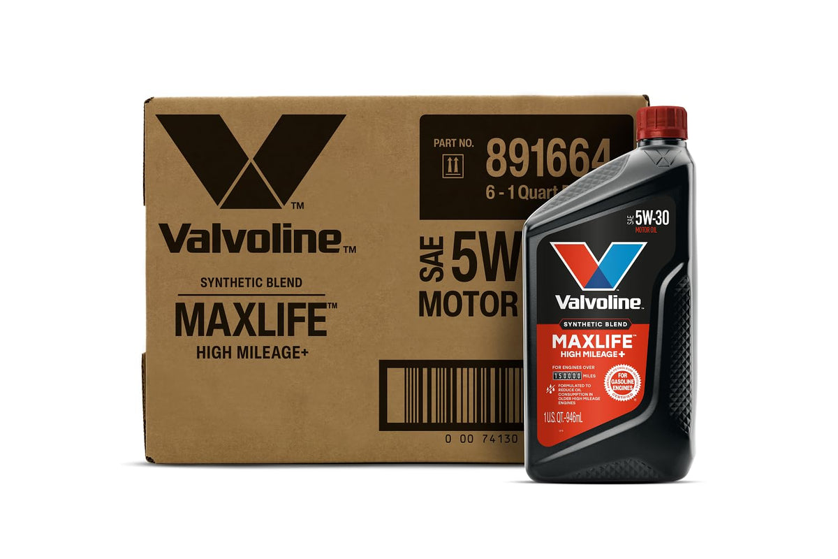 High mileage 5W-30 synthetic blend motor oil jug in auto parts store aisle