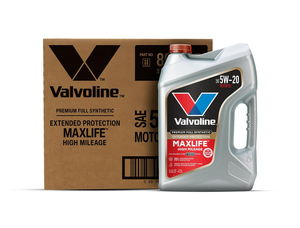 Side view of high mileage 5W-30 motor oil jug showing quart markings