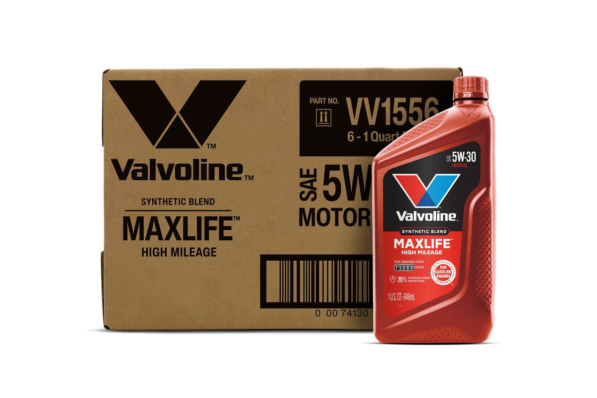 Label close-up of high mileage 5W-30 synthetic blend oil listing key benefits