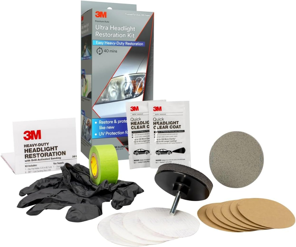 3M Ultra Headlight Restoration Kit, Contains Masking Tape, Light Sanding Discs, Wax Protectant and More, Use on Plastic Lenses Headlights, Taillights and More, Easy Heavy-Duty Restoration (39195) Jansha Store