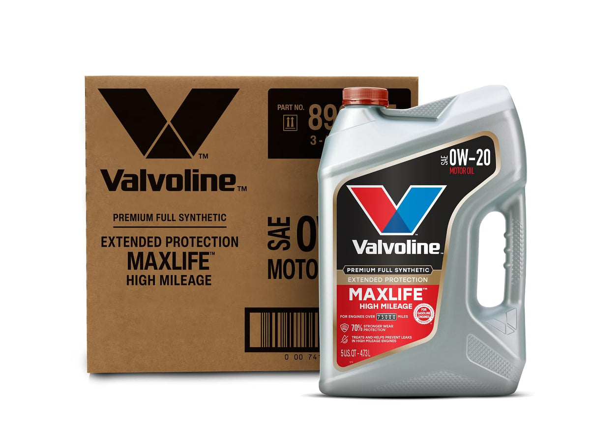 5-quart high mileage 5W-30 motor oil container label with product details