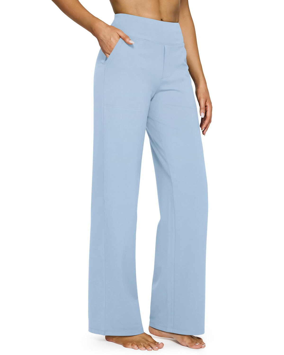 Fabric texture detail of women's wide leg yoga pants in natural light