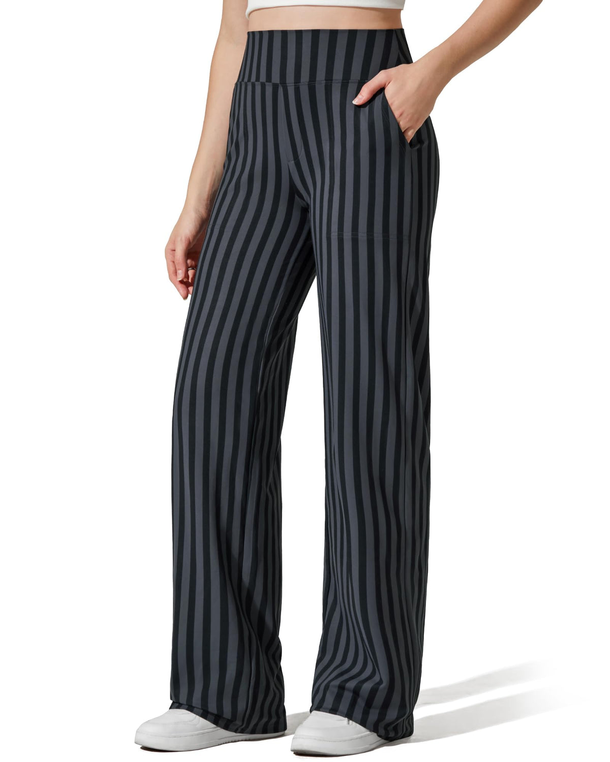Fabric detail of women's wide leg yoga pants, showing soft stretch material and clean stitching