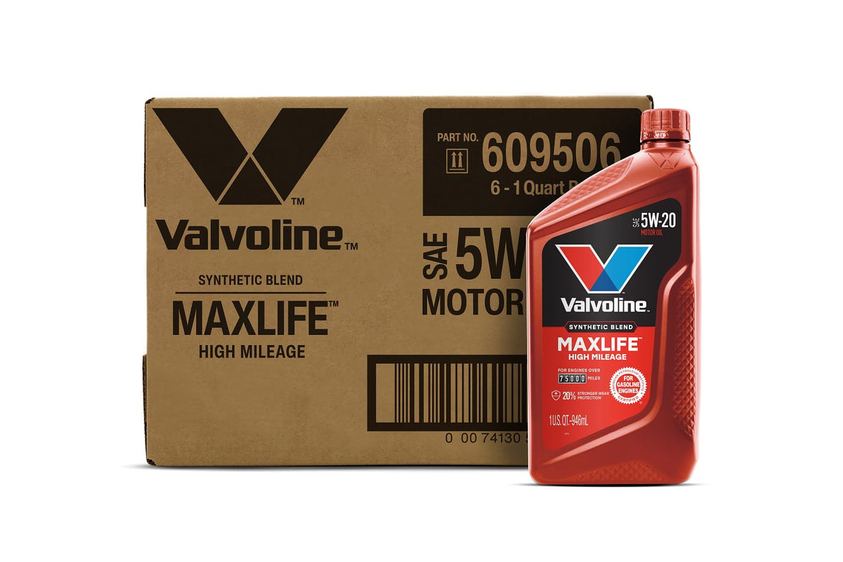 5-quart motor oil jug showing front and side labels for high mileage engines