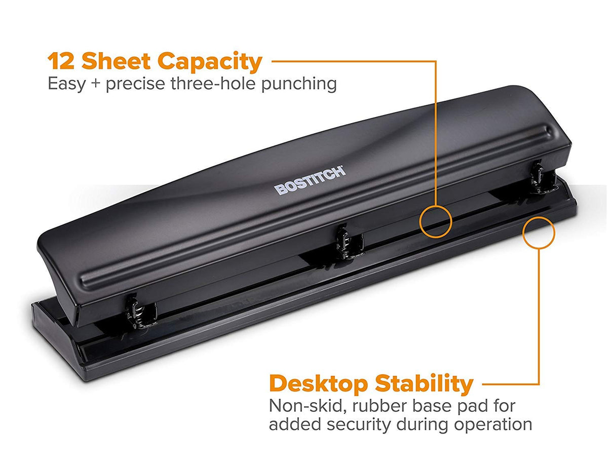 Bostitch Office 3 Hole Punch, Metal, 12 Sheet Capacity, Rubber Base, Silver Jansha Store