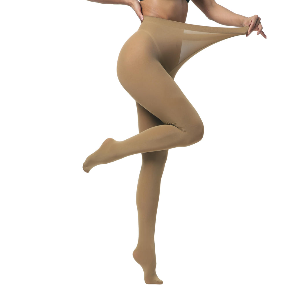 Black opaque tights on a model standing, full leg coverage