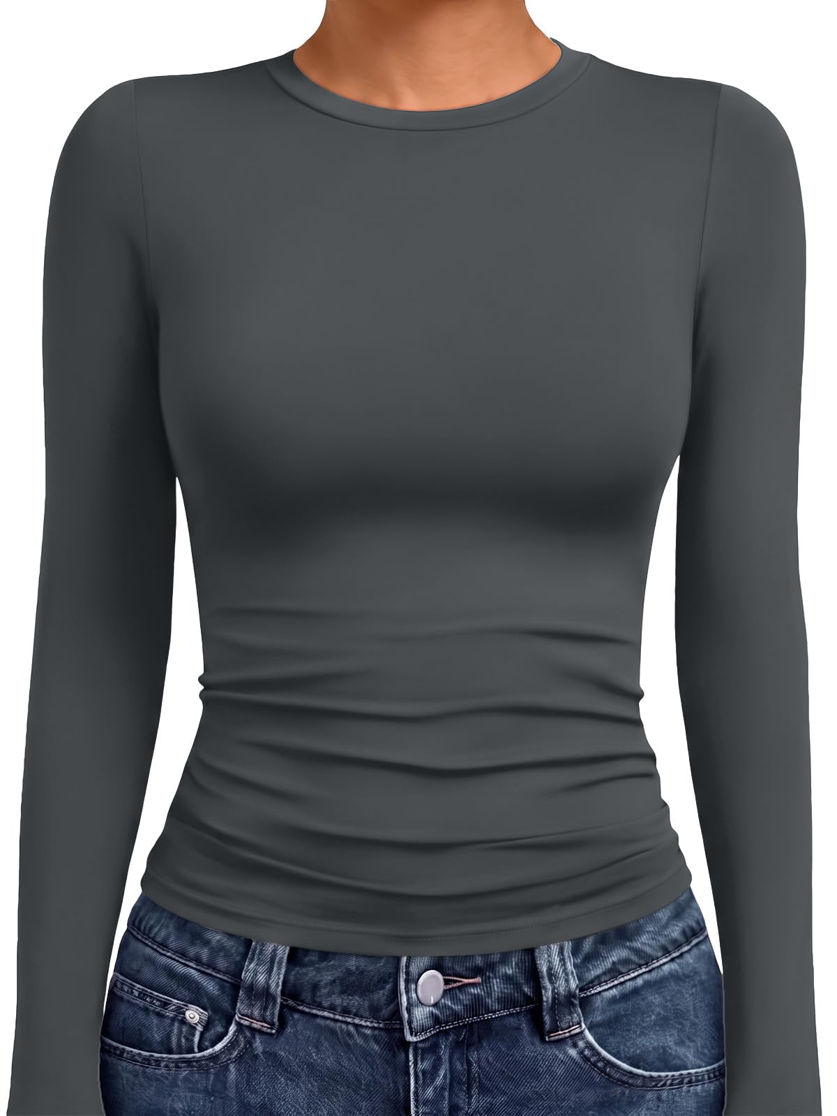 Crew neck collar detail on the women's long sleeve underscrub shirt
