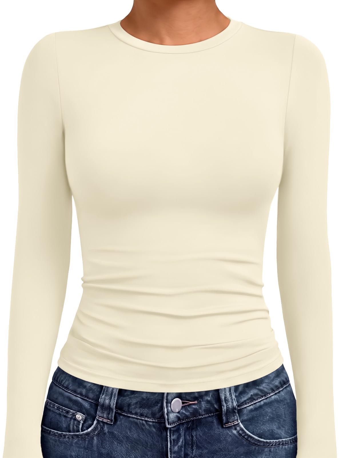 Side view of the women's crew neck long sleeve compression shirt