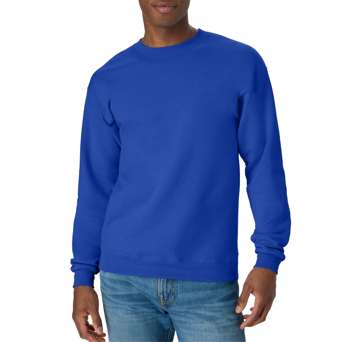 Shoulder seam and neckline detail on the men's crewneck sweatshirt