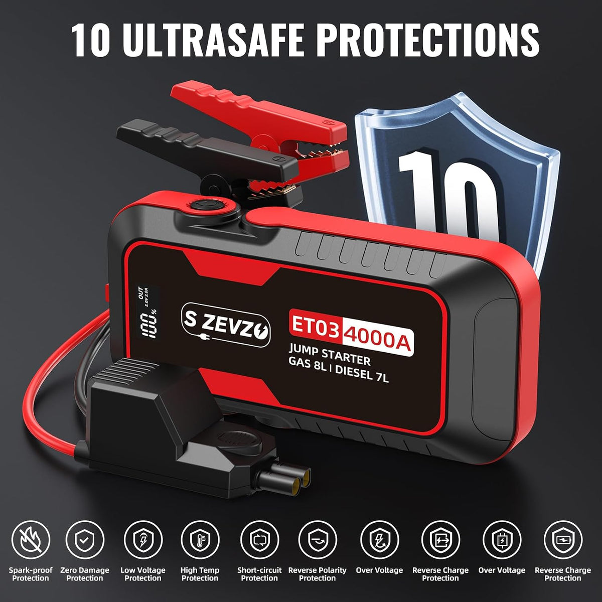 S ZEVZO ET03 Car Jump Starter 4000A Jump Starter Battery Pack for Up to 8.0L Gas and 7.0L Diesel Engines, 74Wh Portable 12V Jump Box with USB Ports, LCD Display, Storage Case, and LED Light Jansha Store