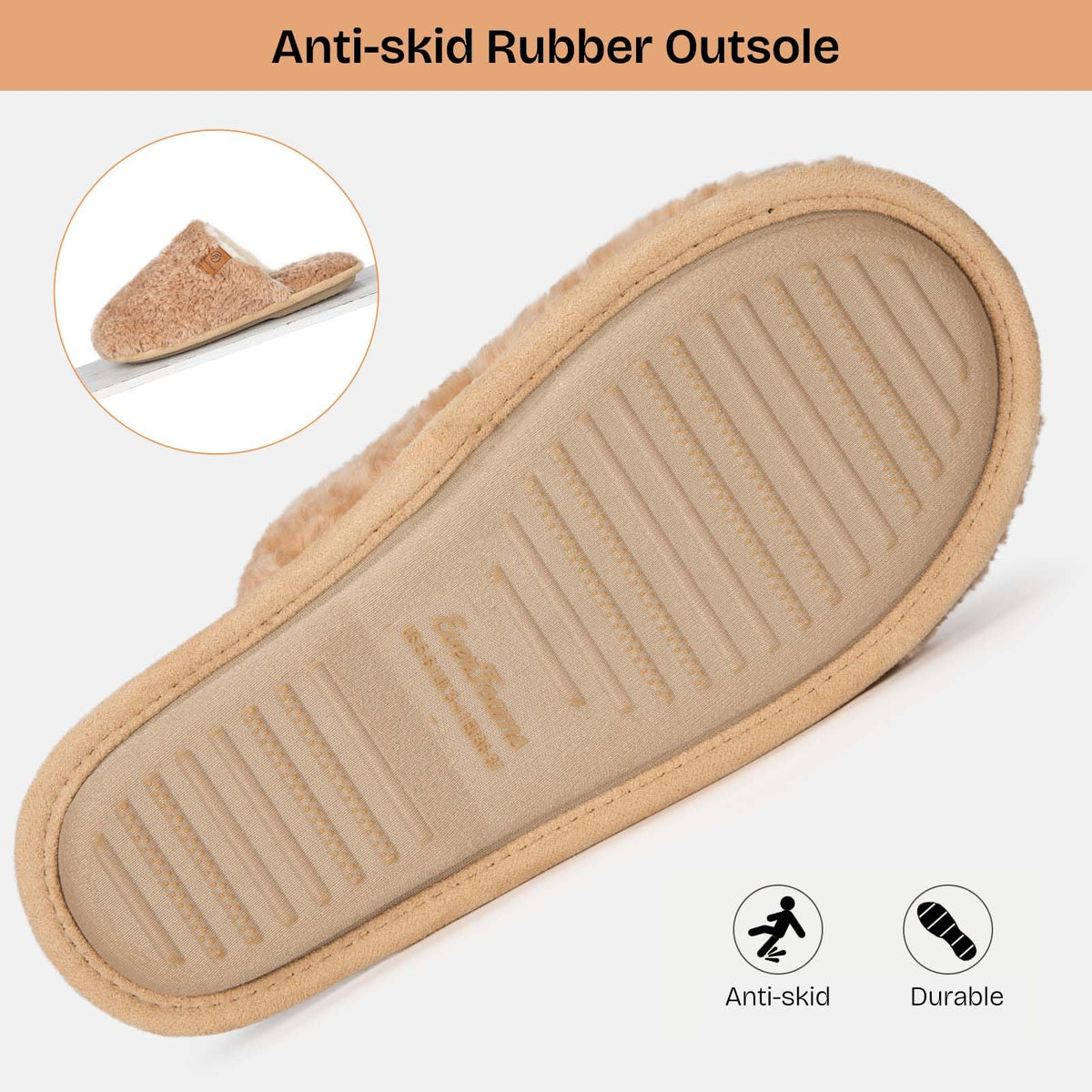 Pair of women's warm indoor house slippers with soft fuzzy texture, angled view