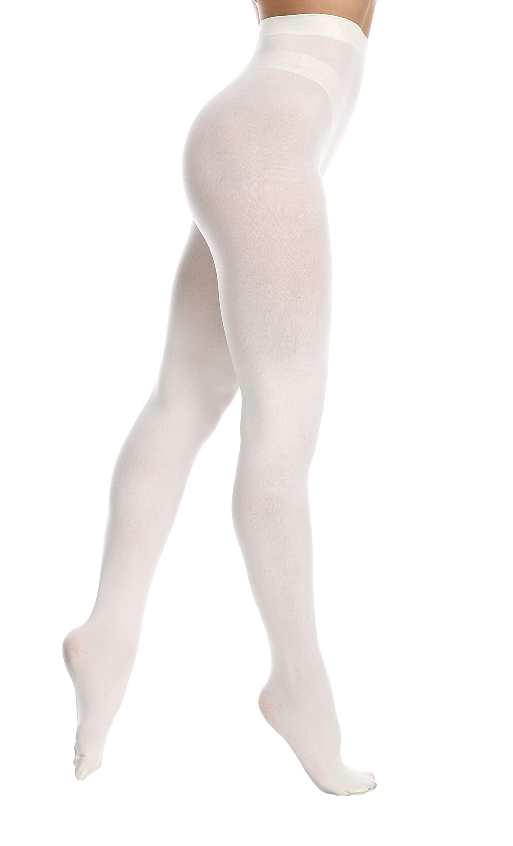 Model's legs in black opaque tights, showing the smooth even tone