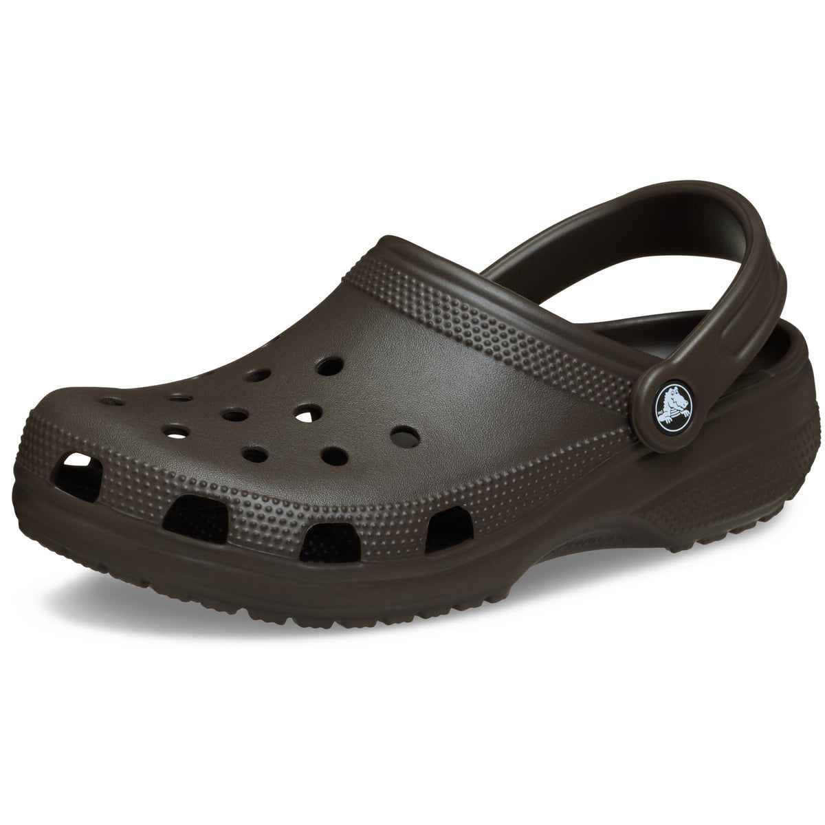 Side view of the clog showing the ventilation holes and heel strap in place