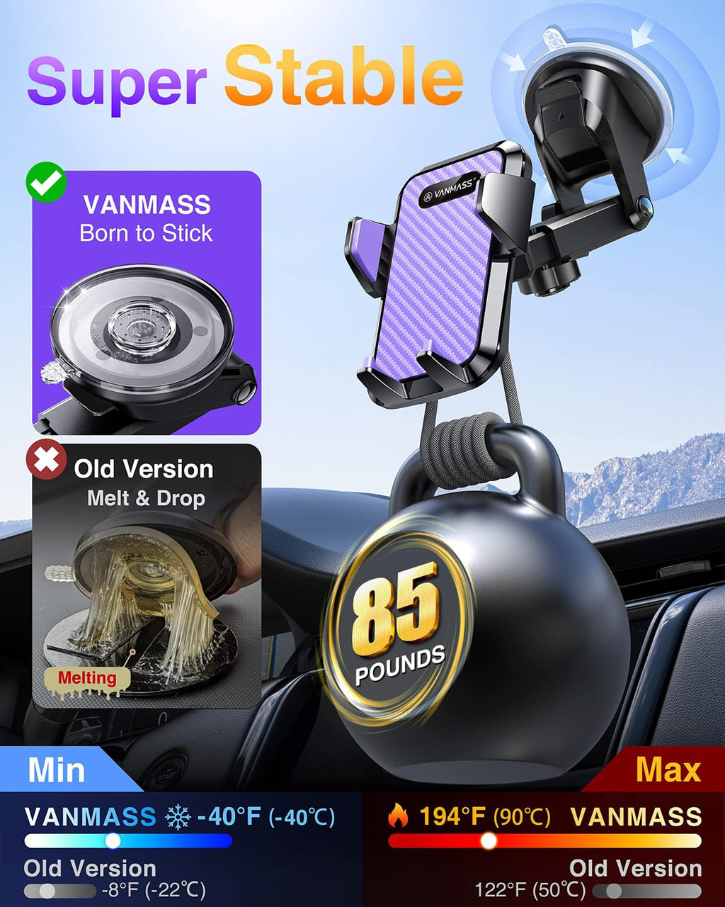 VANMASS【85+LBS Strongest Suction & Military-Grade Ultimate Car Phone Mount【Patent Safety Certs】 Cell Phone Holder for Dash Windshield Vent for iPhone 18 17 Pro Max Automobile Interior Sets, Ink Black Jansha Store