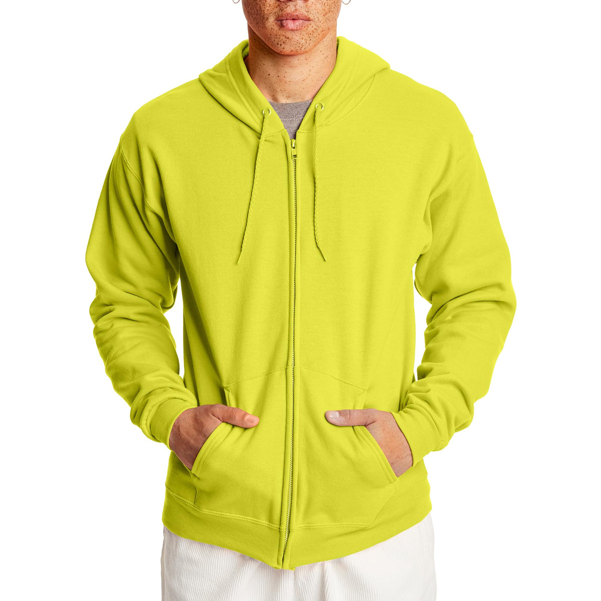 Men's full-zip hoodie viewed from behind at an angle showing the shoulder seams