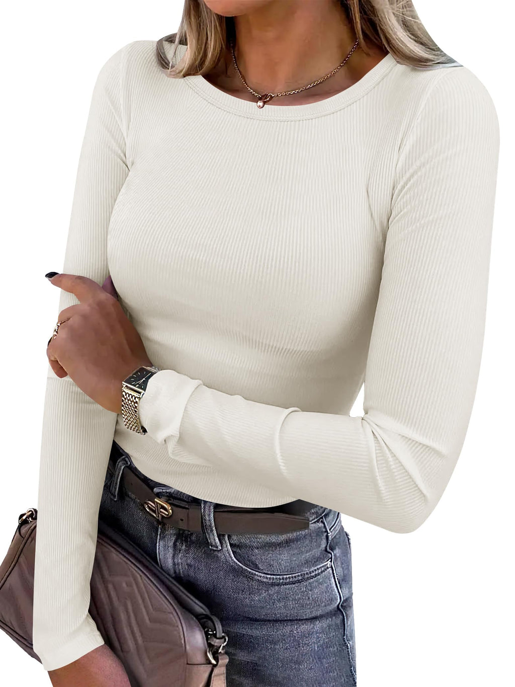 Ribbed fitted long sleeve shirt worn as a base layer under a jacket