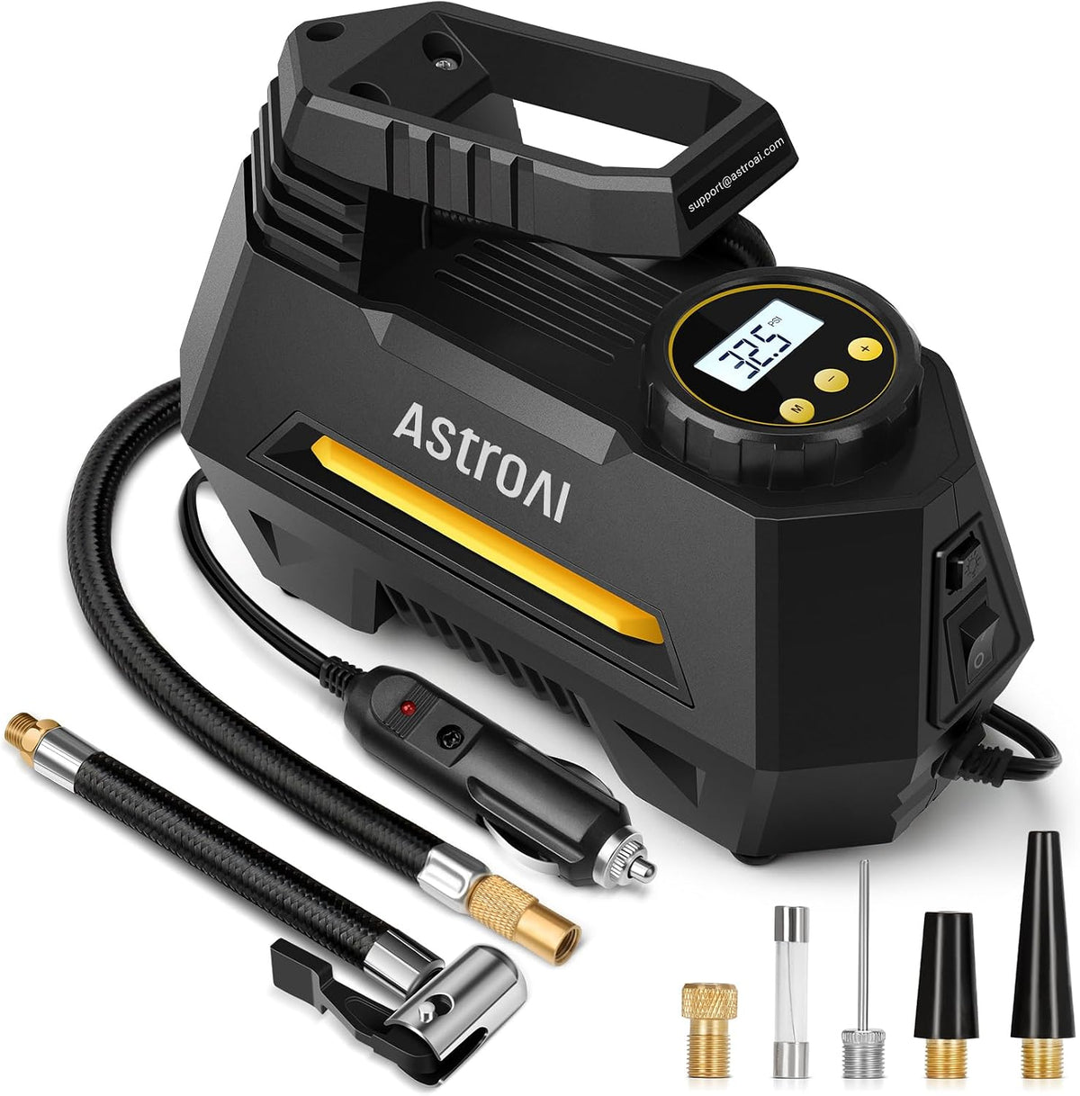 AstroAI AIRUN H Tire Inflator Portable Air Compressor, 12V DC Tire Inflator, Auto Shut-Off with Digital Pressure Gauge & LED Light, Fast Inflation for Car, Motorcycle, Bike Tires, 9.8Ft Cord, Yellow Jansha Store