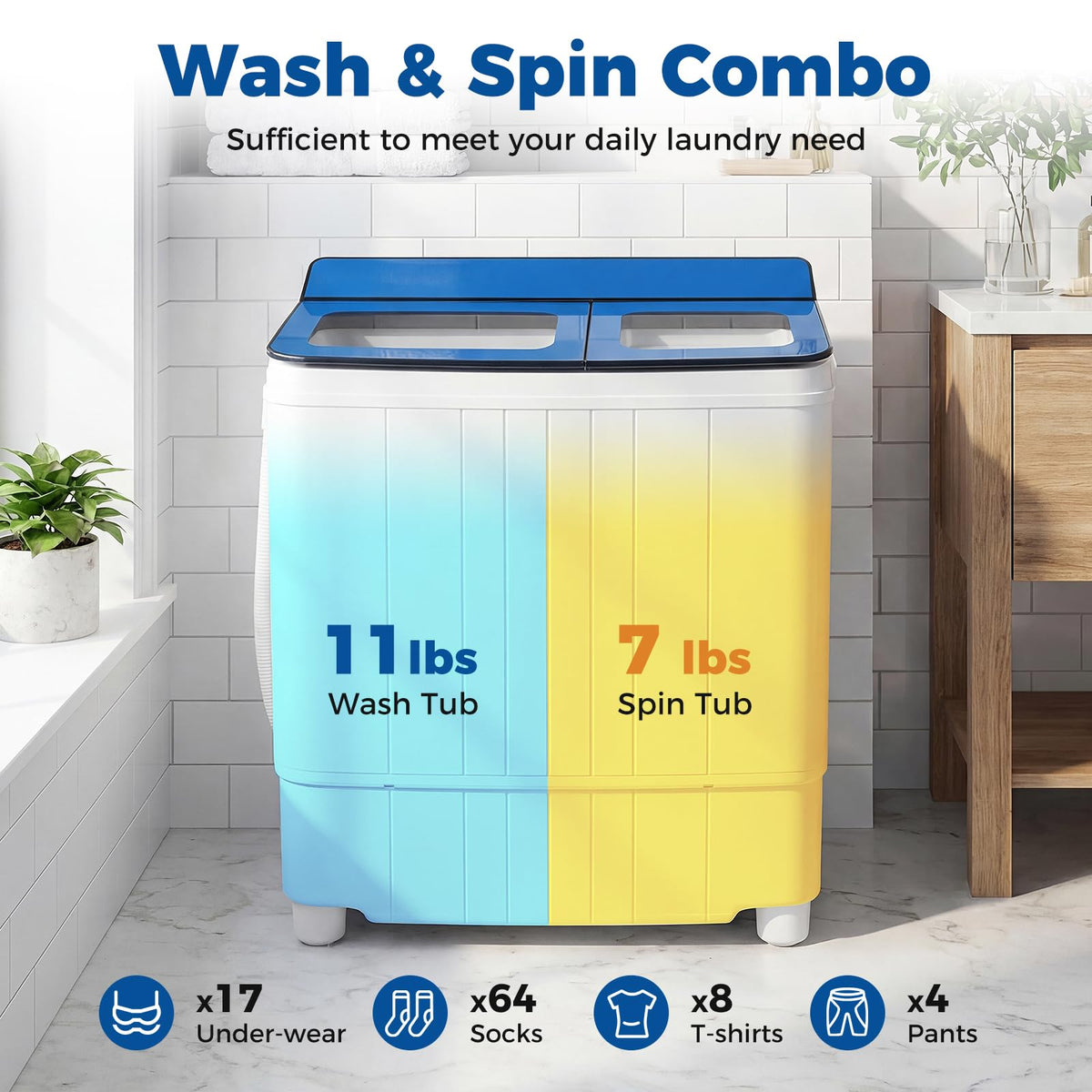COSTWAY 26Lbs Portable Washing Machine with Built-in Drain Pump, Blue Jansha Store