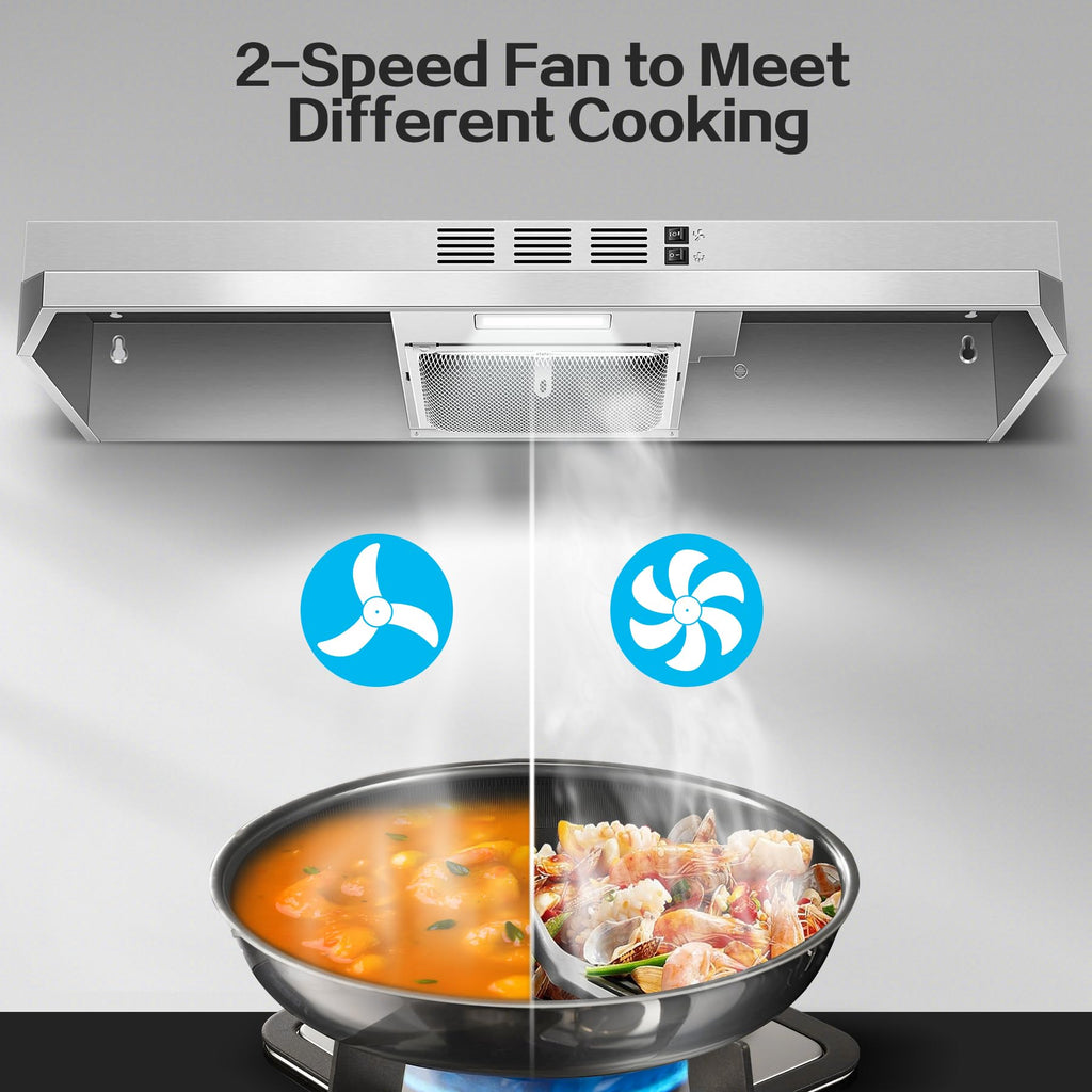 Range Hood 30 inch Under Cabinet, Stainless Steel Kitchen Vent Hood 280CFM, Built-in Kitchen Stove Hood w/Rocker Button Control, Ducted/Ductless Convertible Duct, 2 Speeds Fan, Bright LED Light Jansha Store