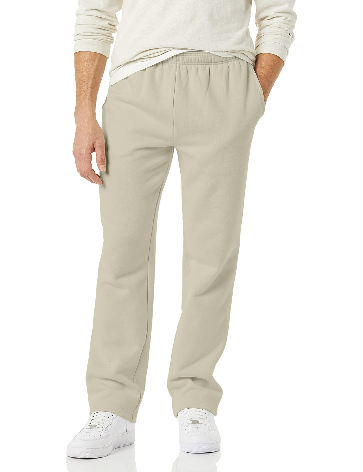 Side view of men's open bottom fleece sweatpants showing straight leg drape in charcoal