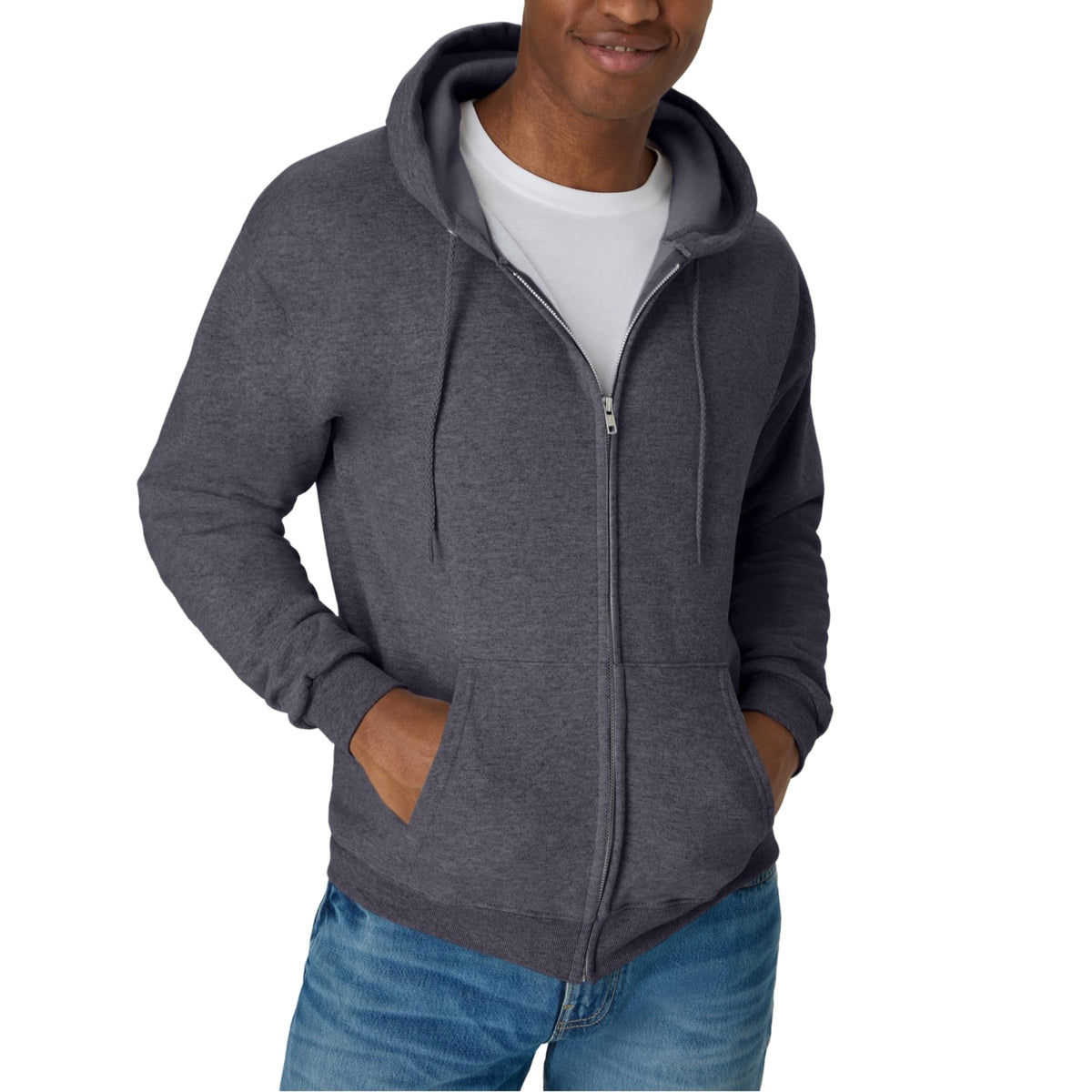 Hooded sweatshirt folded to show the fleece lining and zip-front design