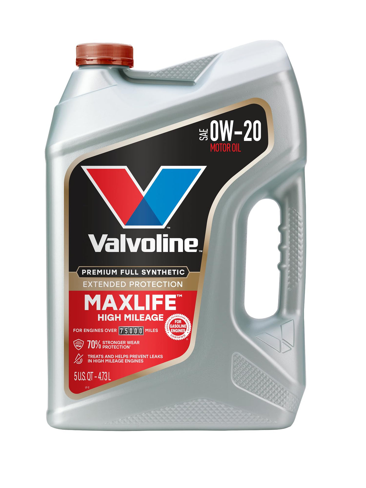Synthetic blend motor oil jug for engines with over 75,000 miles, 5 quart size
