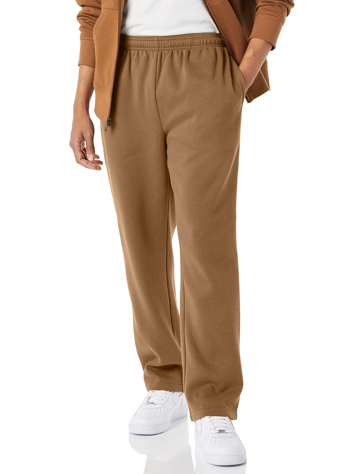 Men's fleece open bottom sweatpants in navy, front view with side pockets