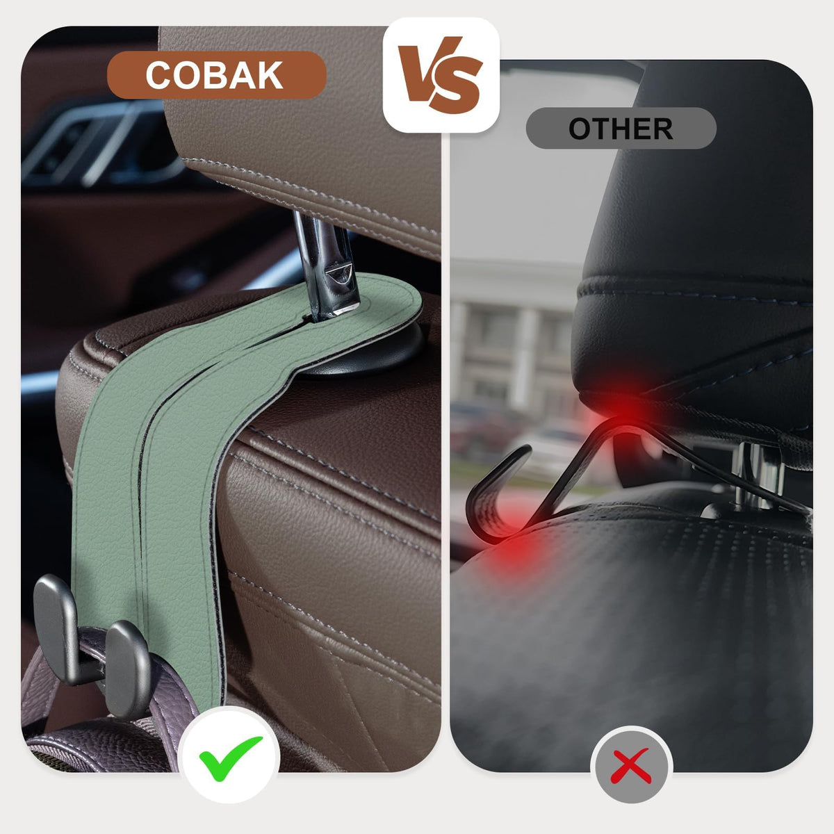 CoBak Purse Hook for Car - Universal Premium Stitched Leather and Aluminum-Magnesium Alloy Double Car Seat Back Storage Hook for Purses, Handbags, Bags (2 Pack),Black Jansha Store