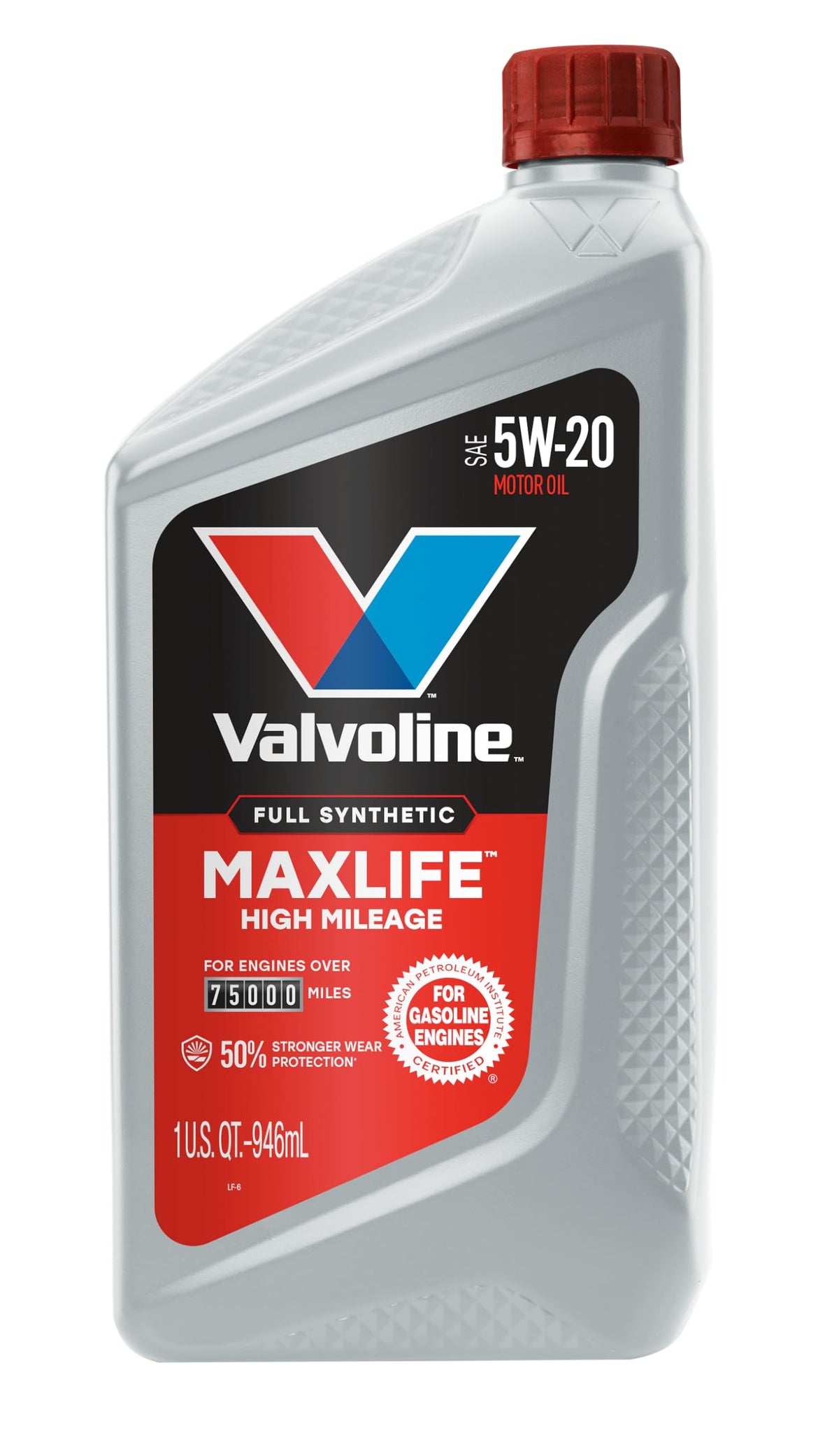 Motor oil container label close-up showing high mileage formula for older engines