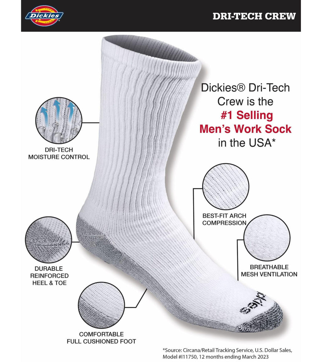 Dickies Dri-tech crew socks in a twelve-pair pack, stacked and labelled