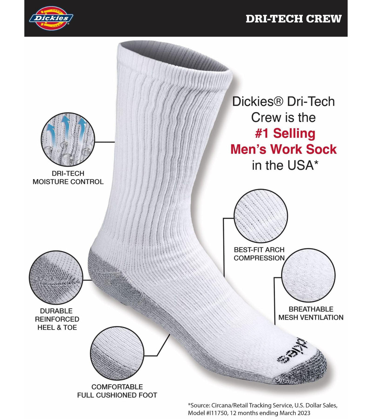 Dickies Dri-tech crew socks in a twelve-pair pack, stacked and labelled