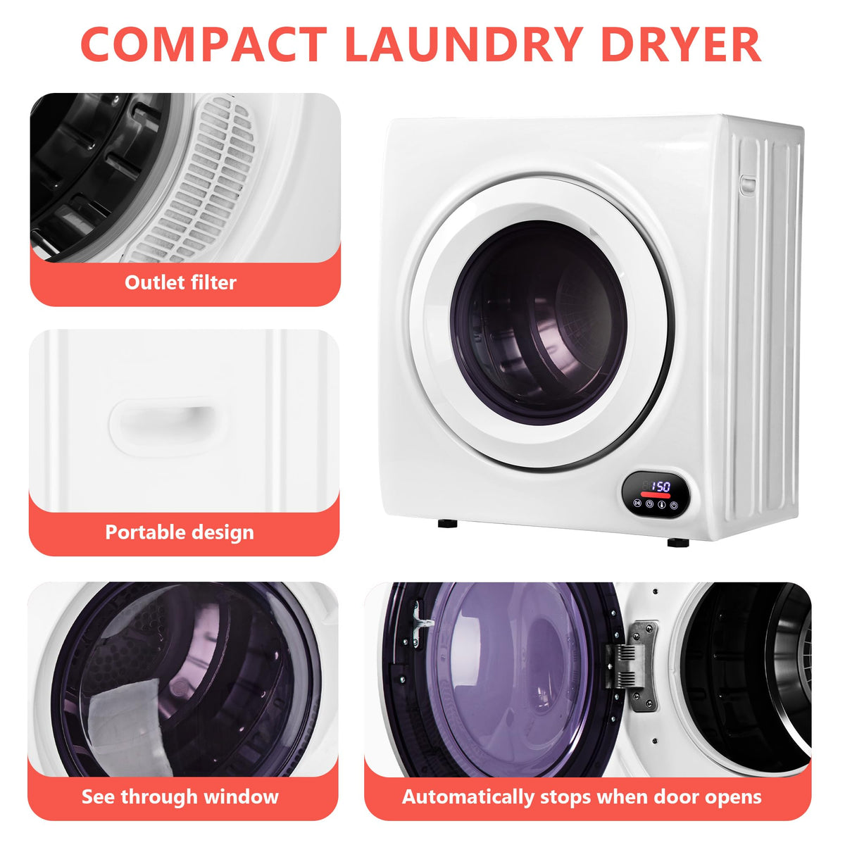 Euhomy Compact Laundry Dryer, 3.5 cu ft Front Load Stainless Steel Clothes Dryers With Exhaust Pipe, 1500W, LCD Control Panel Four-Function Portable Dryer For Apartments, Home, Dorm, White Jansha Store
