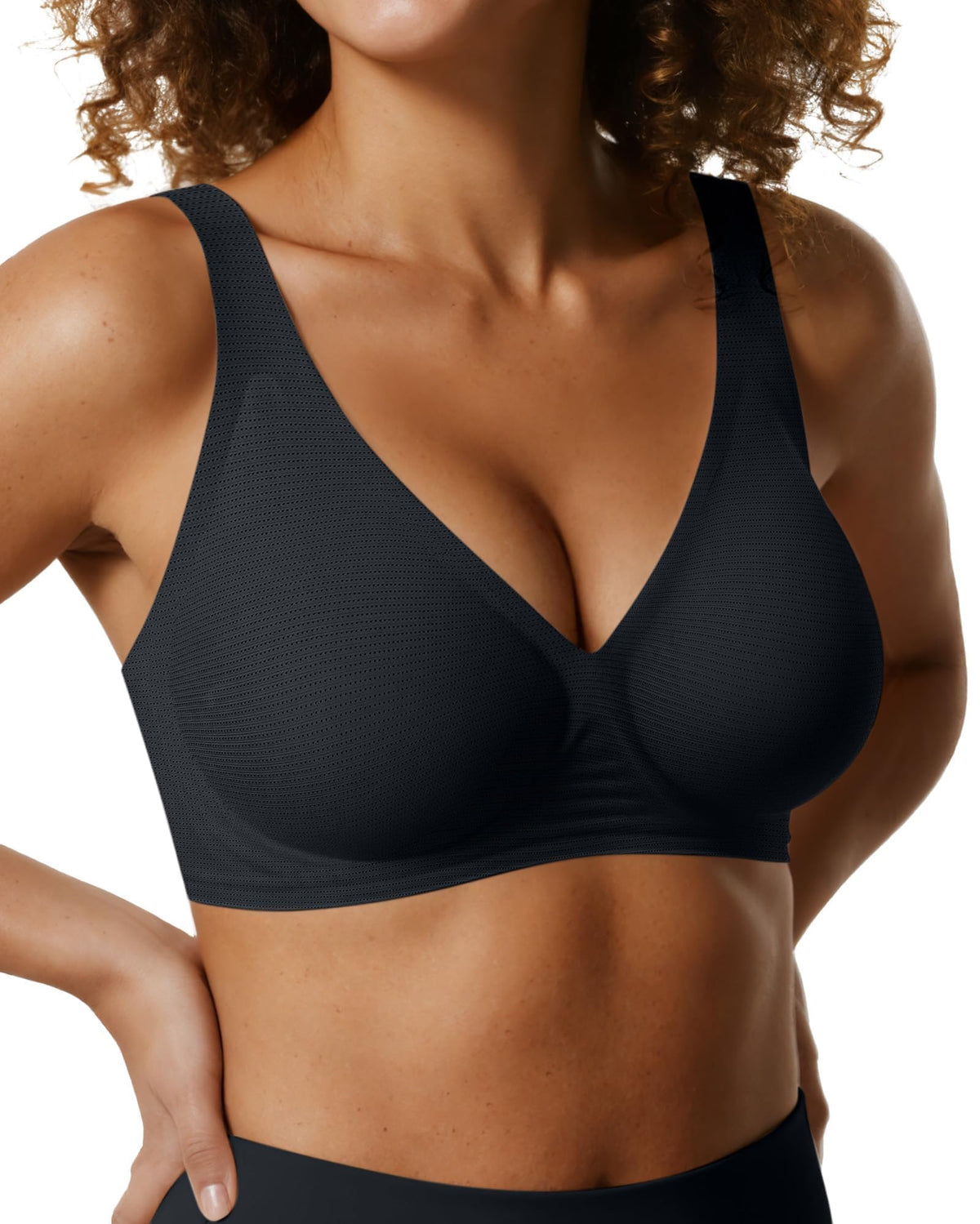 Women's deep V bralette front view on a plain background, showing the plunge neckline