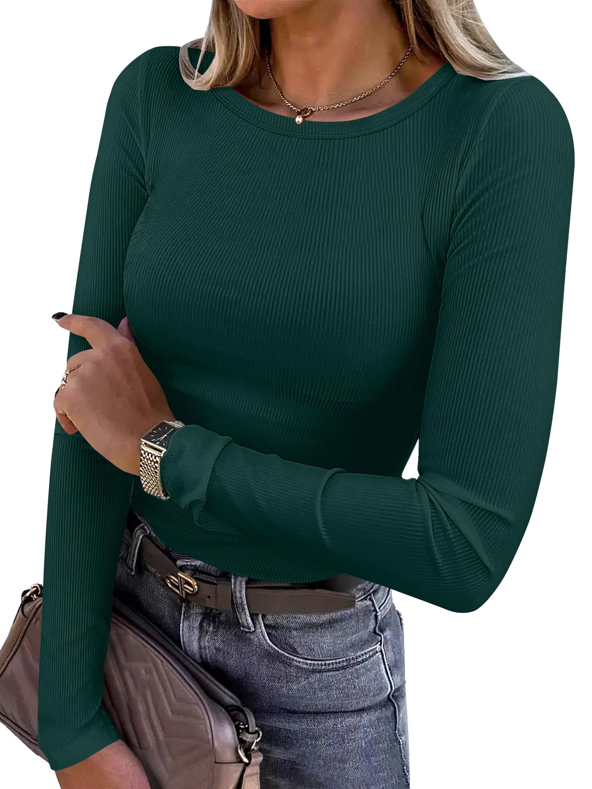 Women's long sleeve ribbed fitted top shown from a three-quarter angle