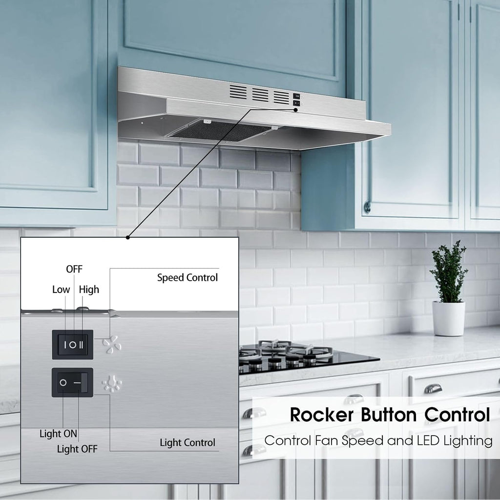 Range Hood 30 inch Under Cabinet, Stainless Steel Kitchen Vent Hood 280CFM, Built-in Kitchen Stove Hood w/Rocker Button Control, Ducted/Ductless Convertible Duct, 2 Speeds Fan, Bright LED Light Jansha Store