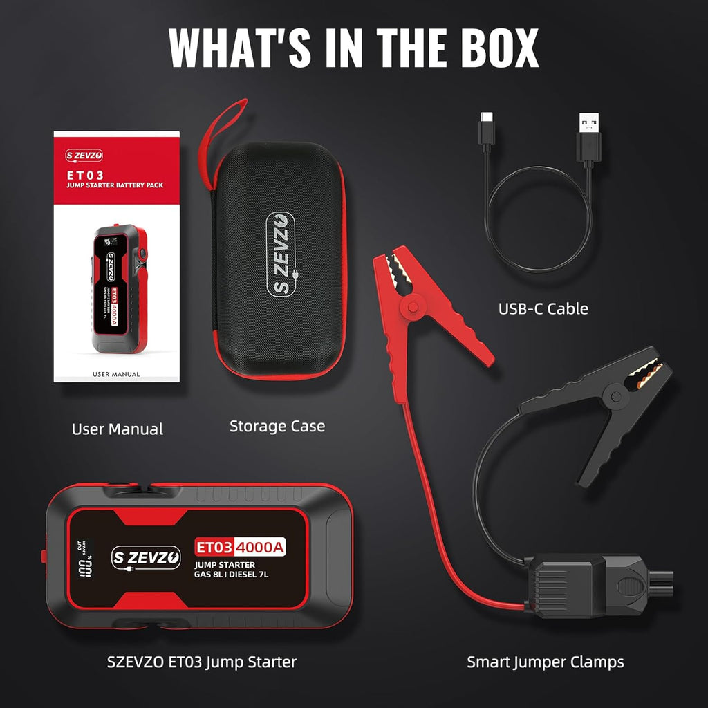 S ZEVZO ET03 Car Jump Starter 4000A Jump Starter Battery Pack for Up to 8.0L Gas and 7.0L Diesel Engines, 74Wh Portable 12V Jump Box with USB Ports, LCD Display, Storage Case, and LED Light Jansha Store