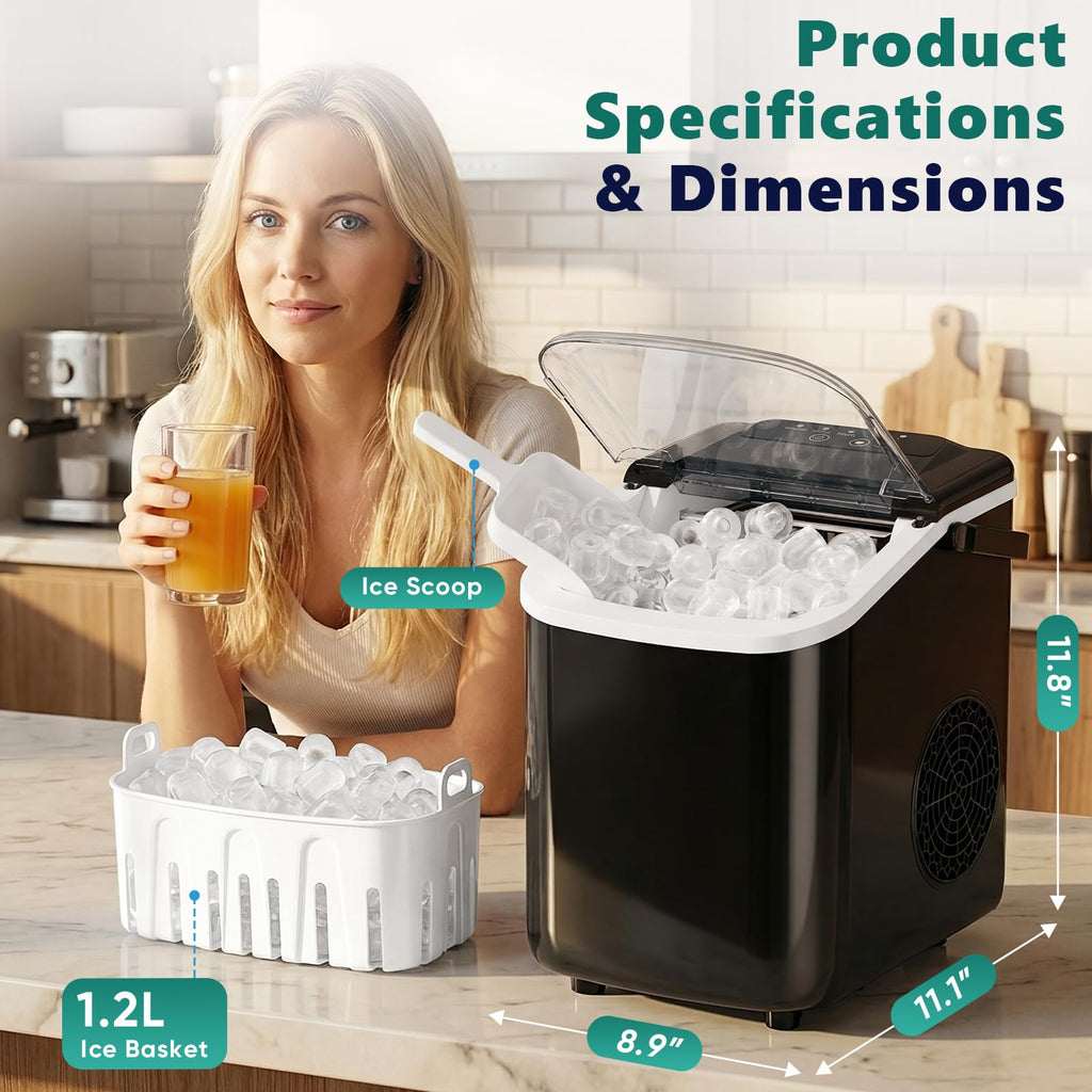Sweetcrispy Countertop Ice Maker with Scoop, Basket and Handle, Portable Ice Machine 9 Cubes Ready in 6 Mins, 26.5lbs in 24Hrs, 2 Sizes for Home Kitchen Office Bar Party Jansha Store
