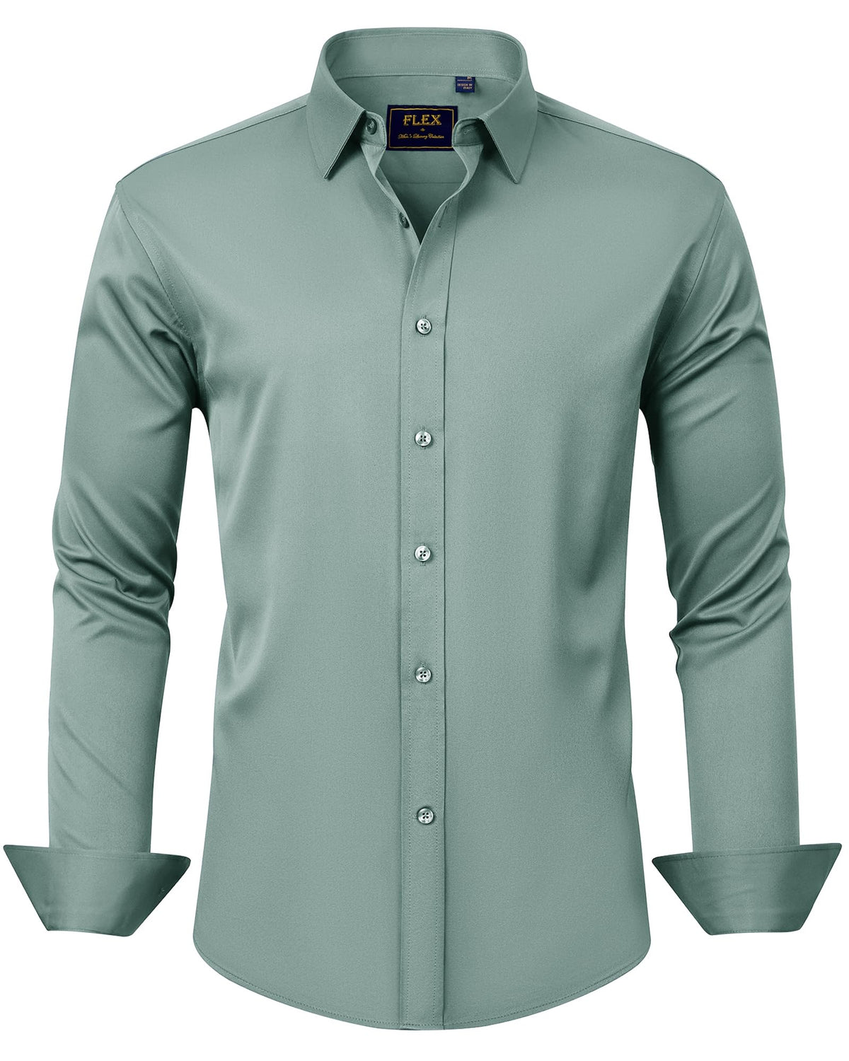 Men's button-down dress shirt laid flat to show the full cut and solid color