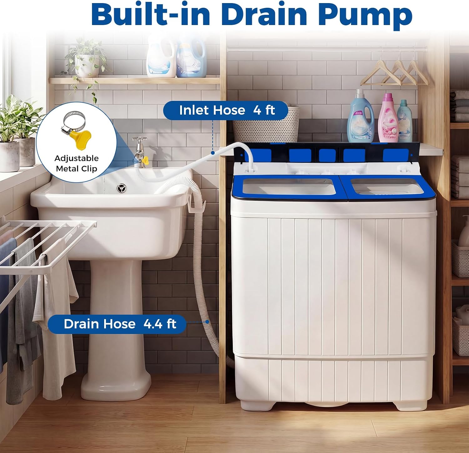 COSTWAY 26Lbs Portable Washing Machine with Built-in Drain Pump, Blue Jansha Store