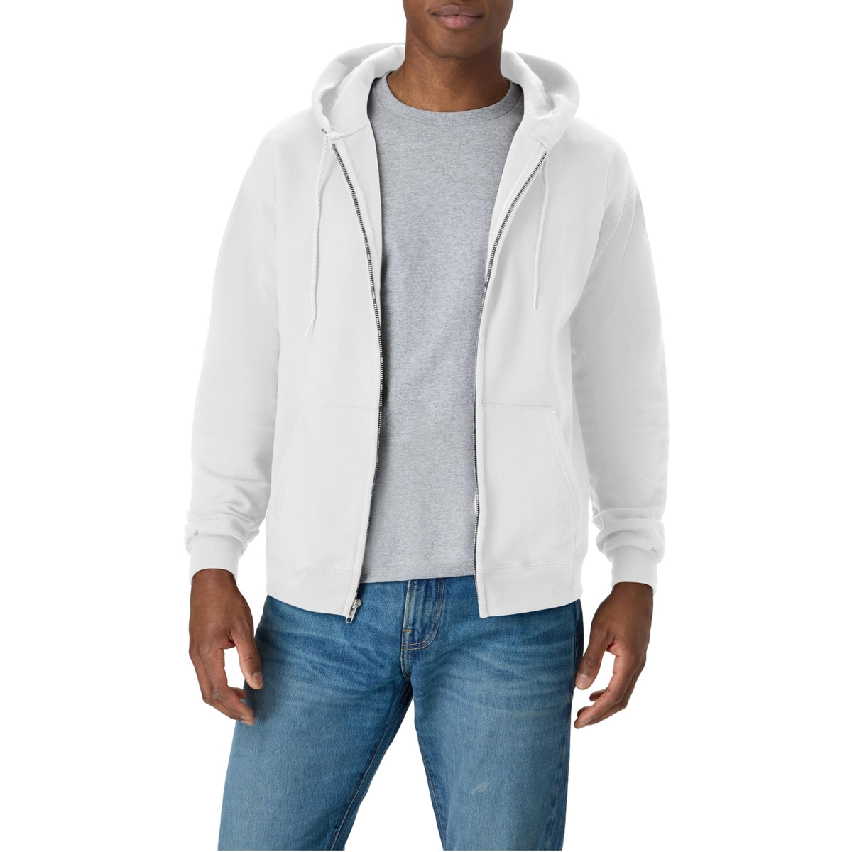 Men's full-zip hoodie laid flat with sleeves spread to show the cut