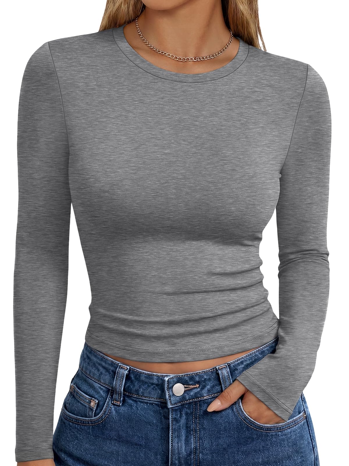 Model wearing the long sleeve top with a relaxed pose, fall fashion styling