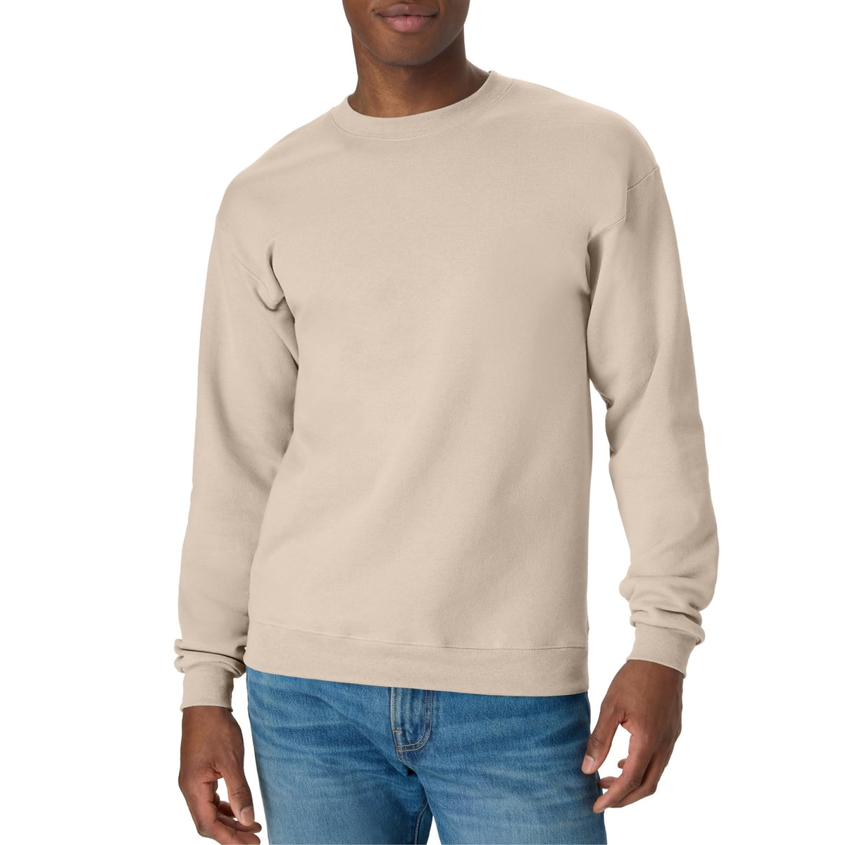 Close-up of the crewneck collar and ribbed cuffs on the fleece sweatshirt