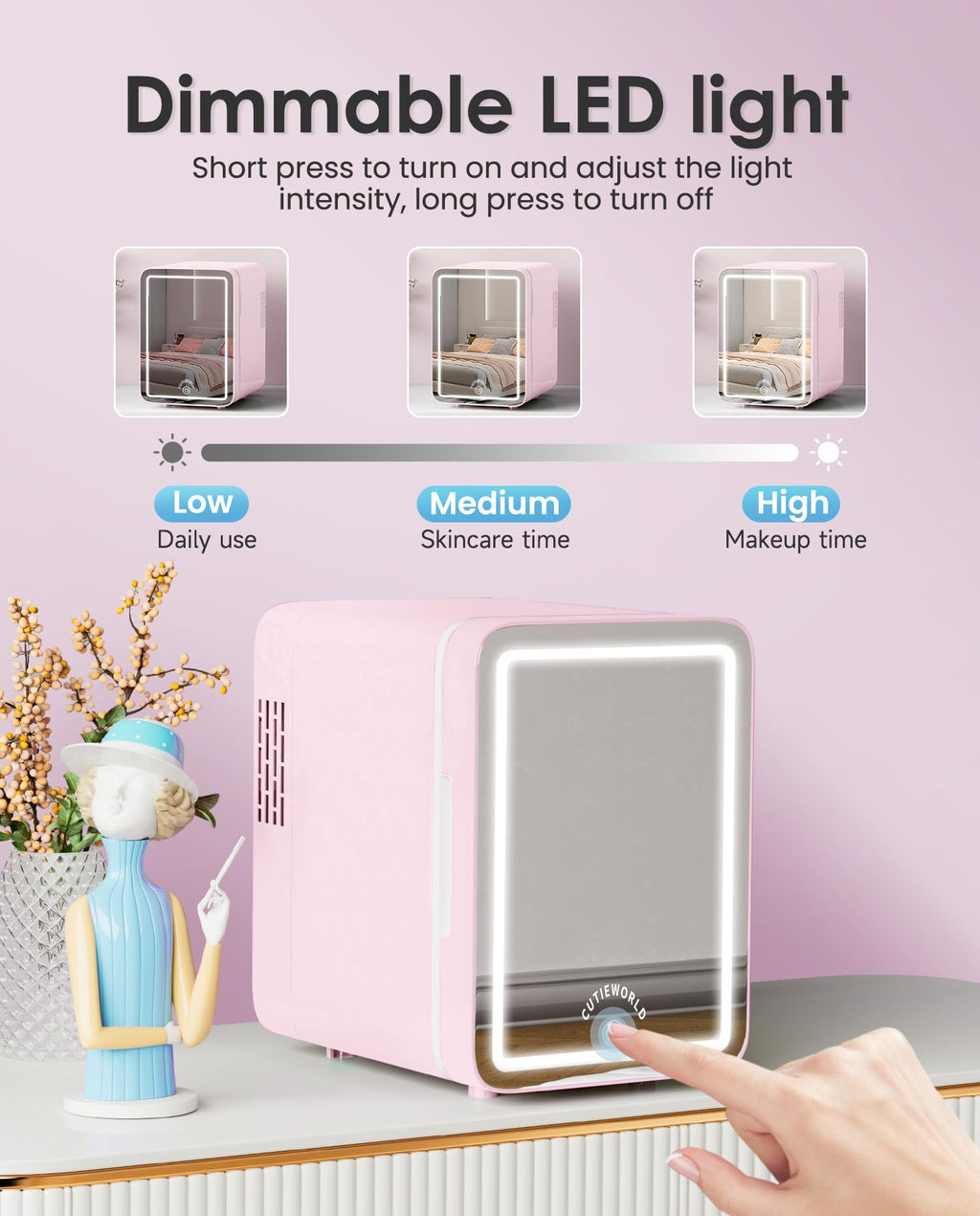 CUTIEWORLD Skincare Fridge - 4L Makeup Fridge for Refrigerating Makeup, Skincare and Food, Mini Fridge for Bedroom, Office and Car, Cooler and Warmer, Beverage Cooler, Leather Pink Jansha Store